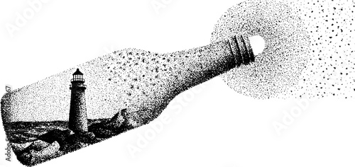 Stippling art of beer bottle with lighthouse scene in dotwork style for vintage decor