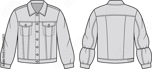 CAD drawing flat vector illustration of women’s denim jacket with puff sleeves, button front, chest pockets, collar, back view, sketch