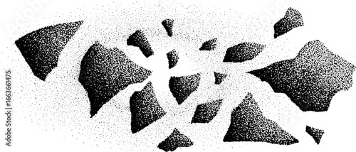 Stippling dotwork art depicting fragmented broken glass with vintage effect