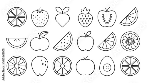 Collection of Hand-Drawn Line Art Fruits: Apples, Pineapples, Strawberries, Watermelon, and More.