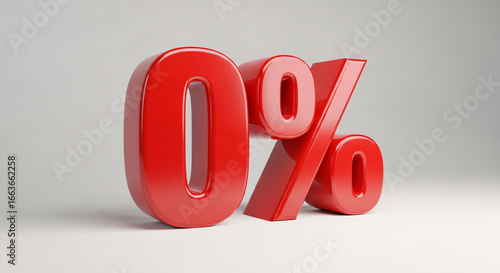 Zero Percent Interest Bright Red 3D Render of '0%' Symbol on a Clean Grey Backdrop