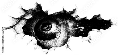 Intricate stippling dotwork of a cosmic spiral eye design for artistic projects