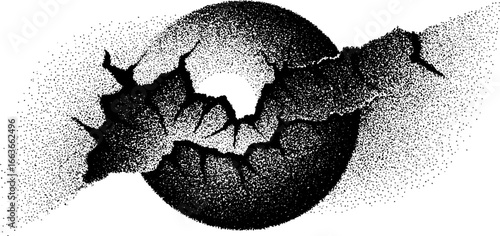 Stippling dotwork art of cracked sphere - vintage pointillism design for posters