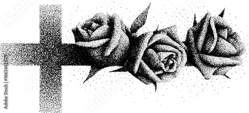 Stipple dotwork design of cross with roses for tattoo and art projects