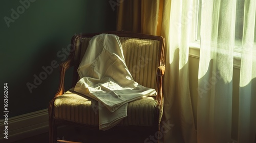 Bright ambient texture with a neatly folded shirt laid across a chair, suggesting care, reflection, and quiet personal rhythm