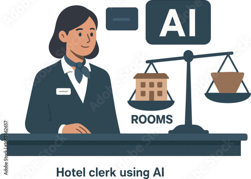 Hotel clerk using AI overbooking balance Illustration