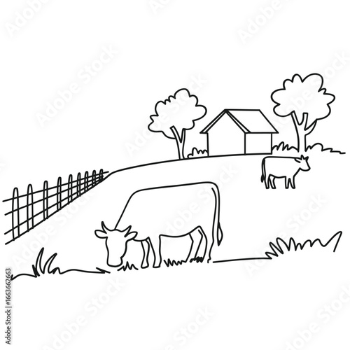 Simple line drawing of a farm scene with cows and a barn