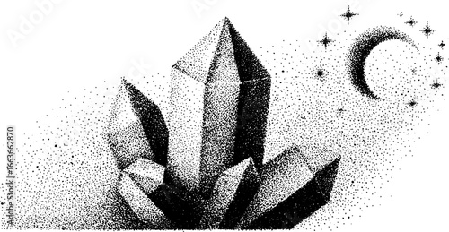 Stippling dotwork crystal illustration with moon and stars design for art print