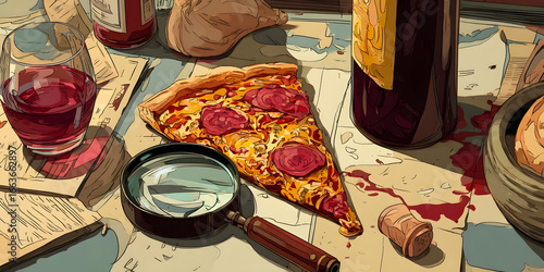 Pizza and Wine Images, Magnifying Glass Artwork, Detective Style Images, Food Focused Images, Cartoon Style Images, Artistic Images