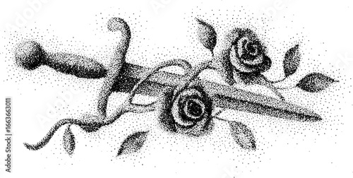 Stippling dagger and roses artwork for tattoo or poster design