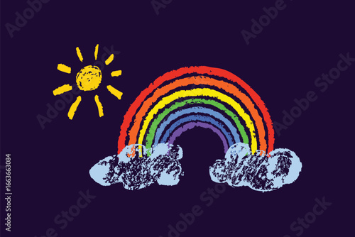 Rainbow with sun and clouds hand drawn with chalk. Colorful rainbow weather doodle illustration. Cute children design element. Rainbow with sun and clouds in chalk doodle texture. Hand drawn cheerful 
