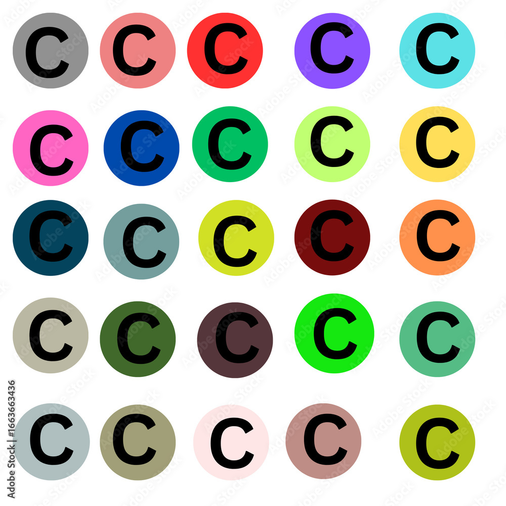 The image shows a grid of colorful circles, each with a bold black letter The image shows a grid of colorful circles, each with a bold black letter