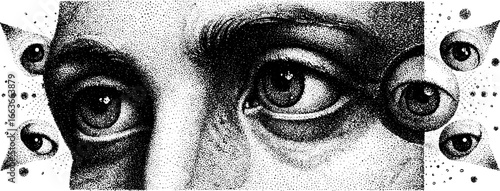 Dotwork stipple illustration of a face with eye motif and abstract details