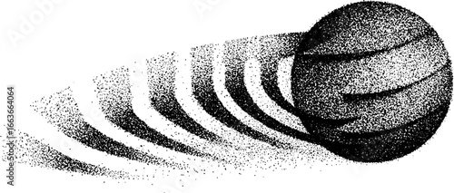 Stippling dotwork illustration of a floating sphere with dynamic motion trail