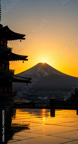 Mount Fuji Sunset with Japanese Pagoda Silhouette, Cinematic HDR View