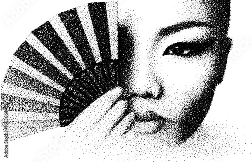 Intricate stippling art of geisha with fan highlighting traditional beauty