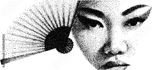 Intricate stipple dotwork of geisha with fan for art and design