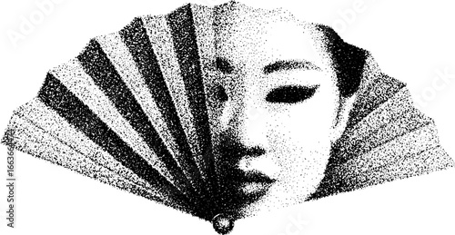 Stippling dotwork of geisha face with fan - vintage tattoo design for art and decor