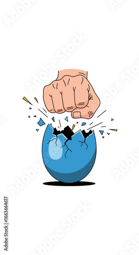 Fist smashing a blue cracked egg with fragments exploding outwards creating a burst of energy and impact