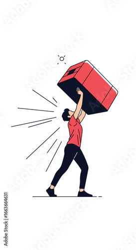 A person struggles to lift a heavy red box overhead with all their might under bright sunshine.