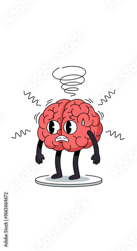 Cartoon brain character experiencing mental overload and feeling stressed and confused with swirling lines above its head