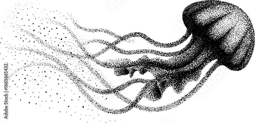 Stippling dotwork art of a graceful jellyfish in motion