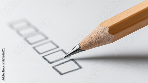 Minimalist white surface with a pencil placed diagonally across a tiny notepad showing one checked box, representing calm satisfaction and gentle accountability 