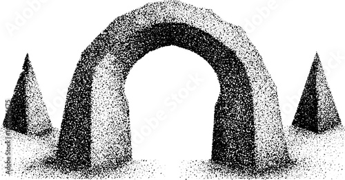 Stippling dotwork illustration of norse rune archway with geometric shapes