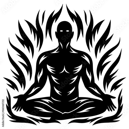 Silhouette of a Meditating Person with Spiritual Energy in Black and White