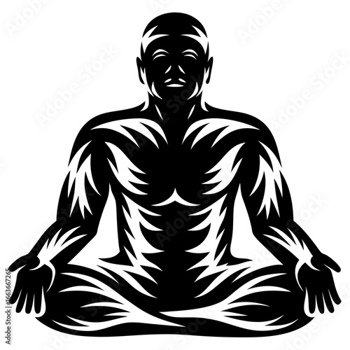 Silhouette of meditating man in lotus position with abstract tribal design elements