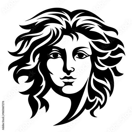 A stylized black and white portrait of a woman with flowing hair