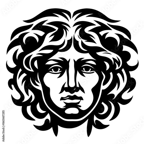 Black and white vector drawing of a classical stylized male head