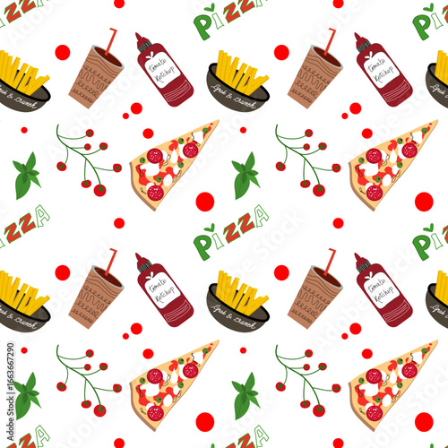 Pattern con pizza, patatine, bibita, basilico, pomodori e scritta, illustrazione isolata su sfondo bianco