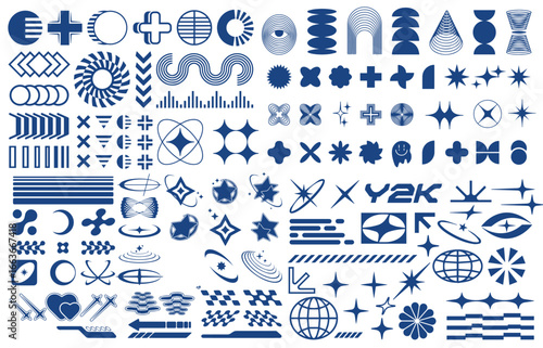 Y2k icons. 70s rave pop symbols, futuristic stars, planet and alien, emoticon spirals. Retro poster geometric symbols. Isolated minimal groovy vector set