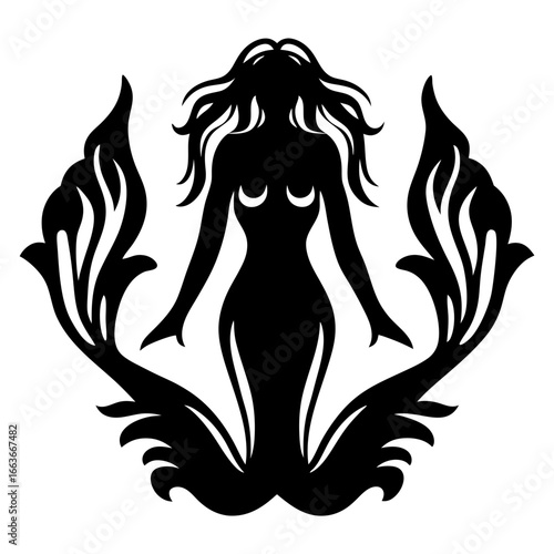 Silhouette of a mythological mermaid surrounded by flowing floral elements illustration