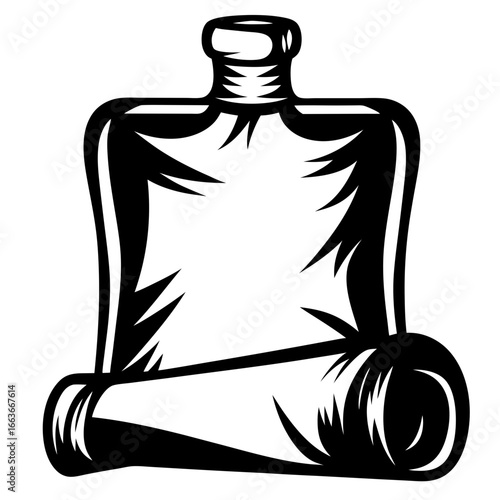 Black and white illustration of a vintage style water canteen object