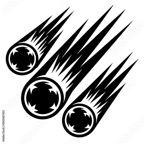 Three black comet symbols with tail flames on a white background space