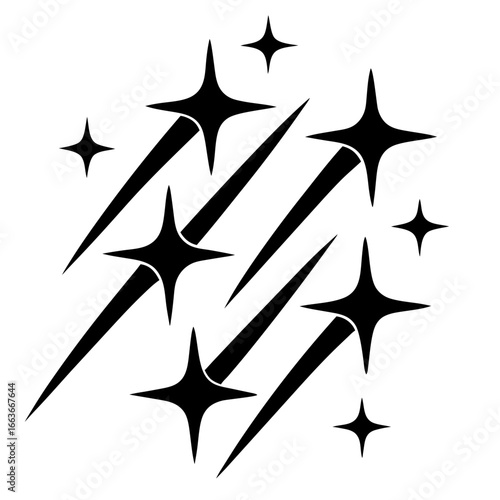 A cluster of shining stars with streaks of light in black and white