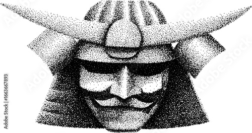 Stipple dotwork illustration of a traditional samurai mask for tattoo design and decor