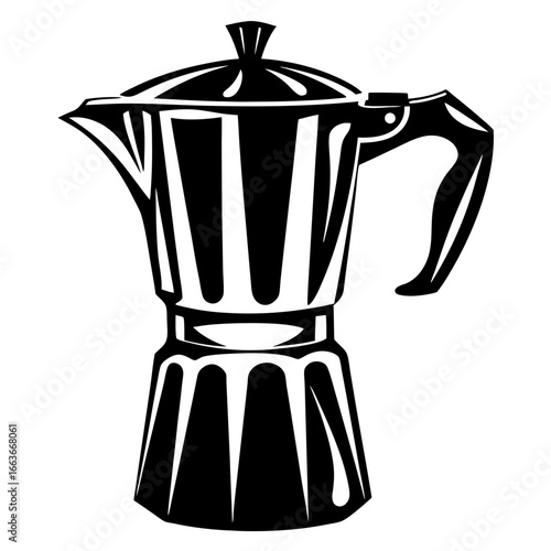 Stylized Black and White Illustration of a Traditional Moka Pot Coffee Maker