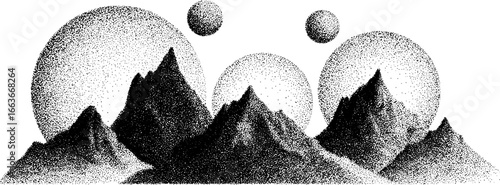Stippling dotwork landscape with mountains and spheres for artistic design