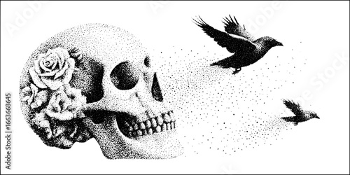 Stipple dotwork skull with roses and birds - conceptual tattoo and design art