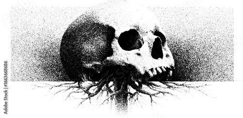 Stipple dotwork skull with roots illustration for tattoo design and posters