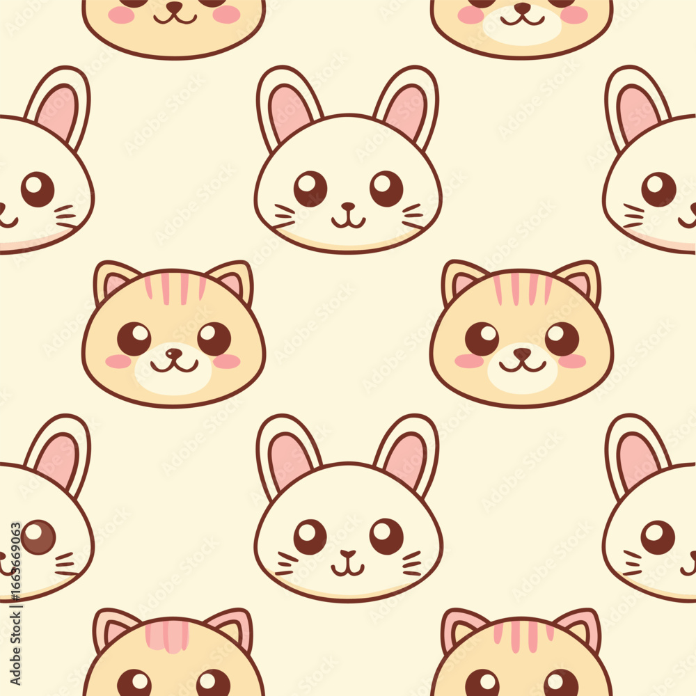 Fototapeta premium Seamless pattern with cute kawaii cat and bunny faces on beige background, perfect for textile design