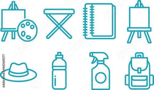 Artist Accessories Isolated in Turquoise Line Style on White Backdrop