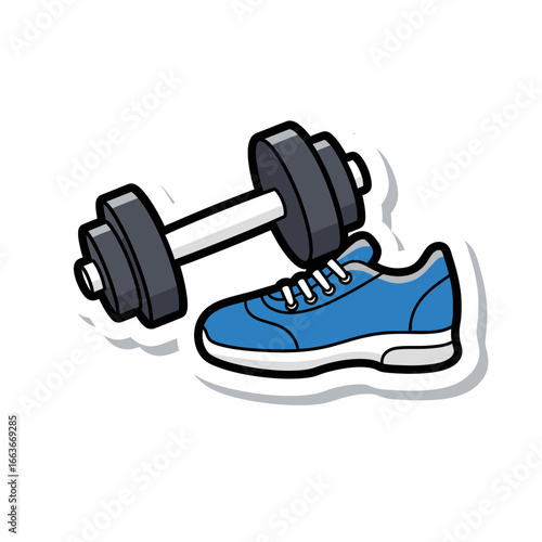 A 2D flat illustration of a dumbbell and a running shoe. This image is an ideal icon for themes of fitness, exercise, sport, and physical health.