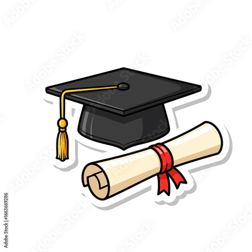 Graduation cap and diploma scroll symbolizing academic achievement and successful completion of education