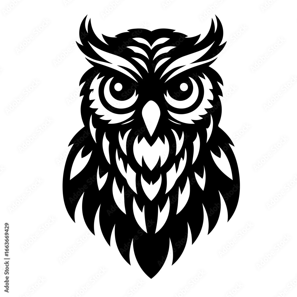 Obraz premium Black and white vector silhouette of a owl on a white background
