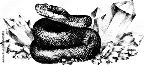 Stipple dotwork illustration of a coiled snake with crystal elements for tattoo design