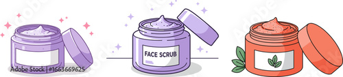 Three jars of skincare products with lids open in pastel colors  